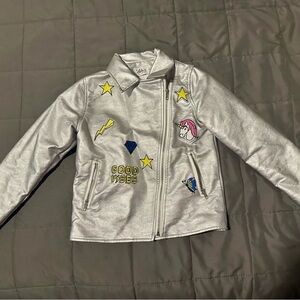 Lola + The Boys Silver Faux-Leather Jacket with Colorful Patches